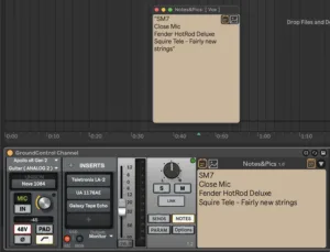 Audio settings and notes for guitar recording session.