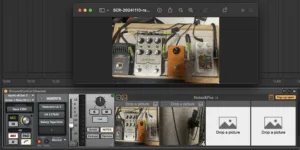 Guitar pedals and audio interface software displayed.