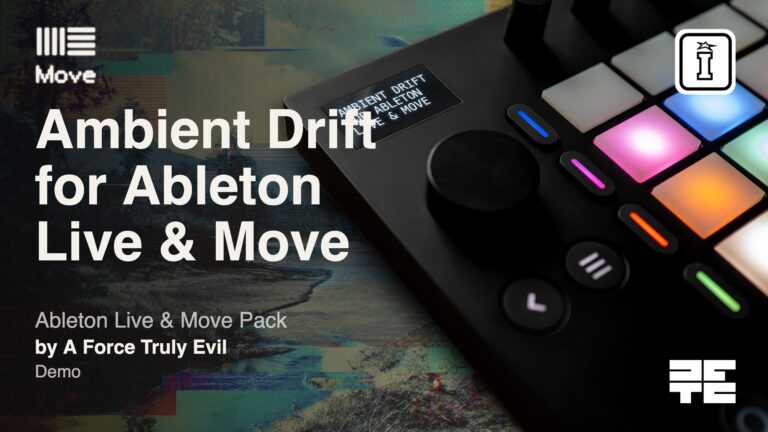 Ambient Drift demo title card showing Ableton Move with lit pads and the pack name on its display