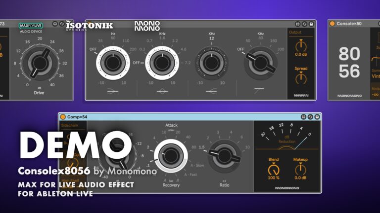 Consolex8056 by Monomono demo banner showing drive, four-band EQ, Console 80 and Comp 54 compressor devices