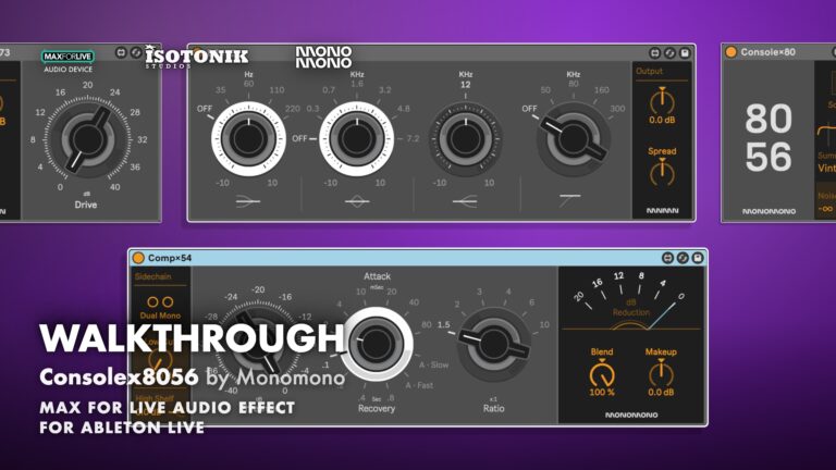 Consolex8056 walkthrough banner showing Monomono EQ, drive, Comp x54 compressor and Console x80 devices