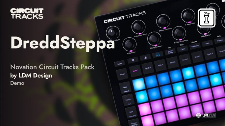 DreddSteppa demo banner for Novation Circuit Tracks by LDM Design, showing the device's knobs and lit blue and pink pads