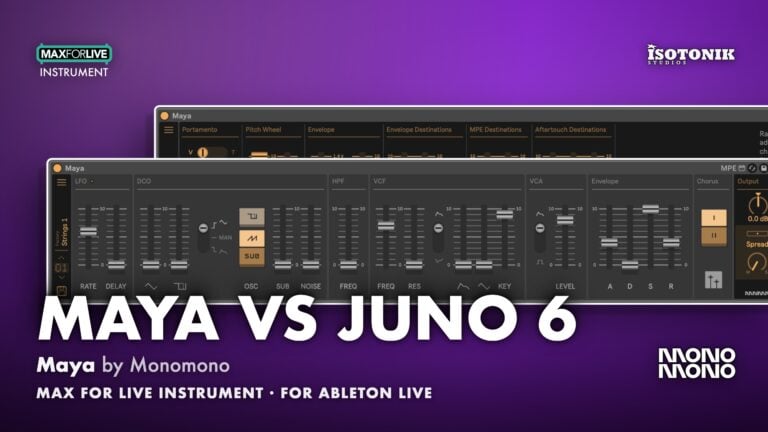 Maya vs Juno 6 banner showing Maya synth with LFO, DCO, filter, VCA, envelope and chorus sliders