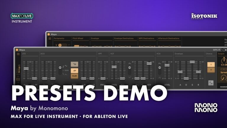 Maya by Monomono presets demo thumbnail showing LFO, DCO, filter, envelope and chorus sliders