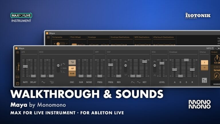 Maya by Monomono walkthrough and sounds banner showing LFO, DCO, filter, VCA, envelope and chorus sliders