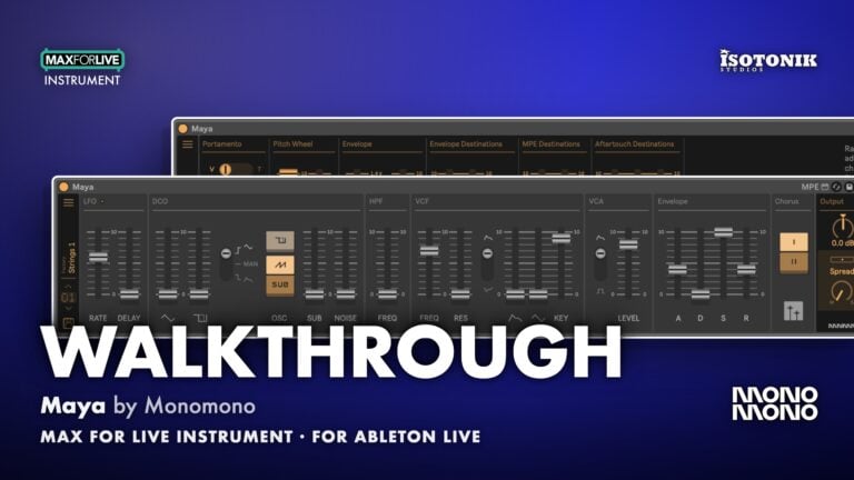 Maya by Monomono walkthrough banner showing synth panels with LFO, DCO, VCF, VCA, envelope and chorus sliders