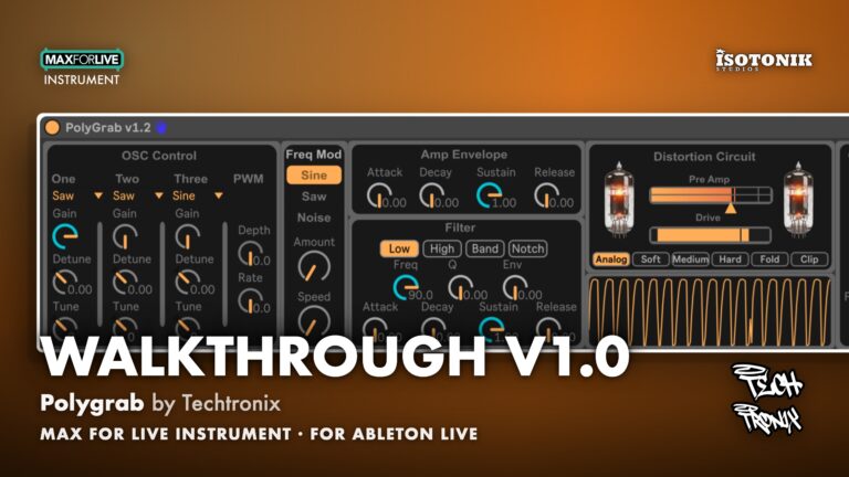 Polygrab walkthrough title card showing oscillator, filter, amp envelope and tube distortion controls