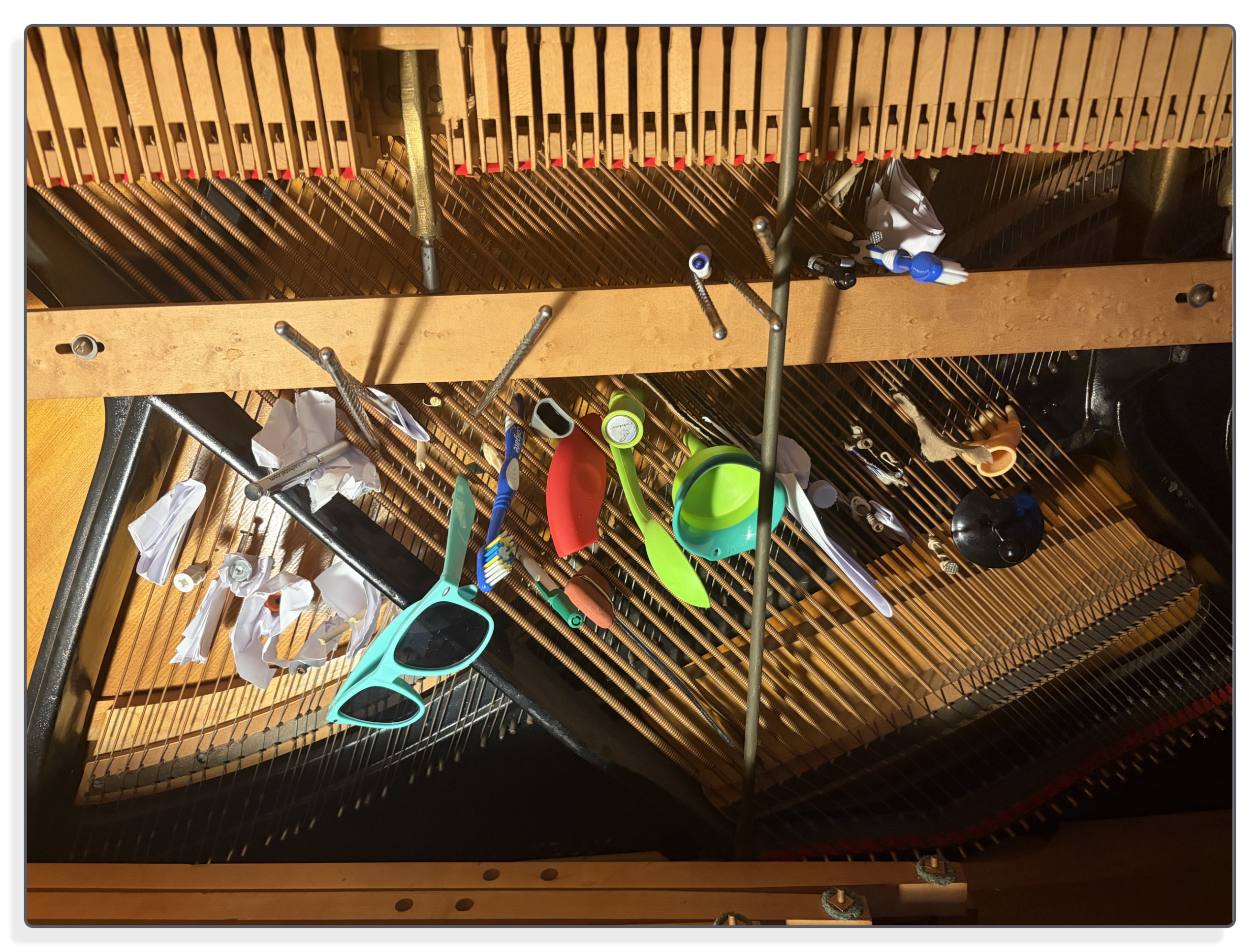 Everyday objects prepared the piano strings