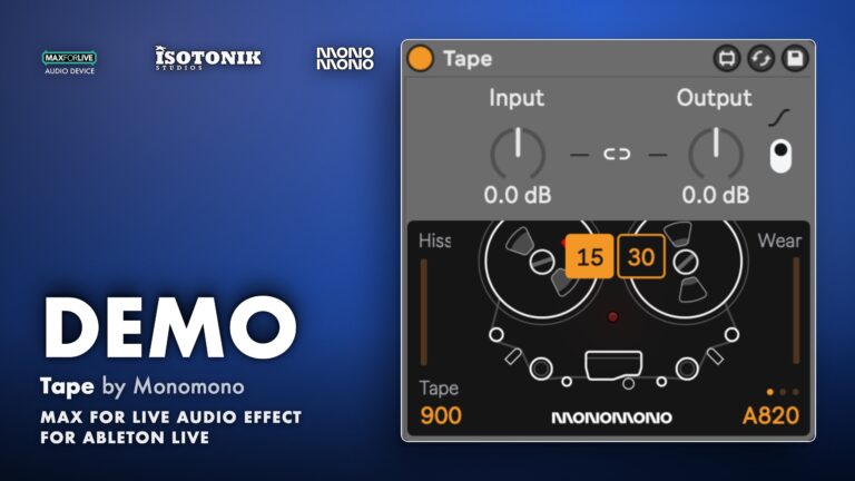 Tape by Monomono demo banner showing tape reels, input and output knobs, hiss, wear and 15 or 30 speed buttons