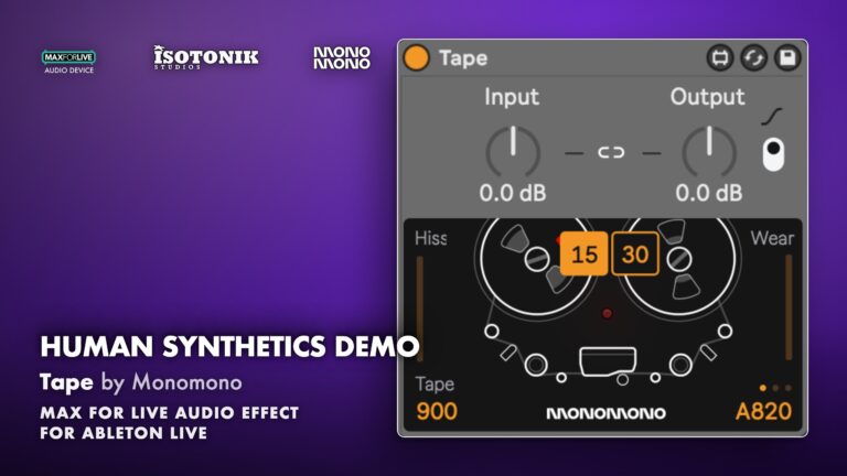 Tape by Monomono device with input and output knobs, reel graphic, 15 and 30 speed buttons, hiss and wear meters