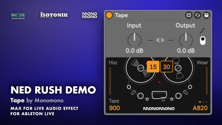 Ned Rush demo thumbnail for Tape by Monomono with input, output, hiss, wear and tape speed controls