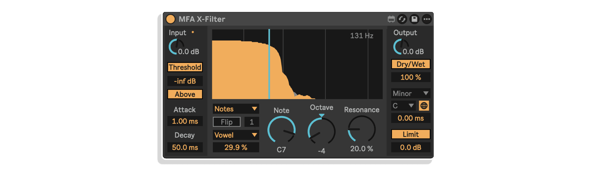 Audio filter interface with frequency and gain controls.