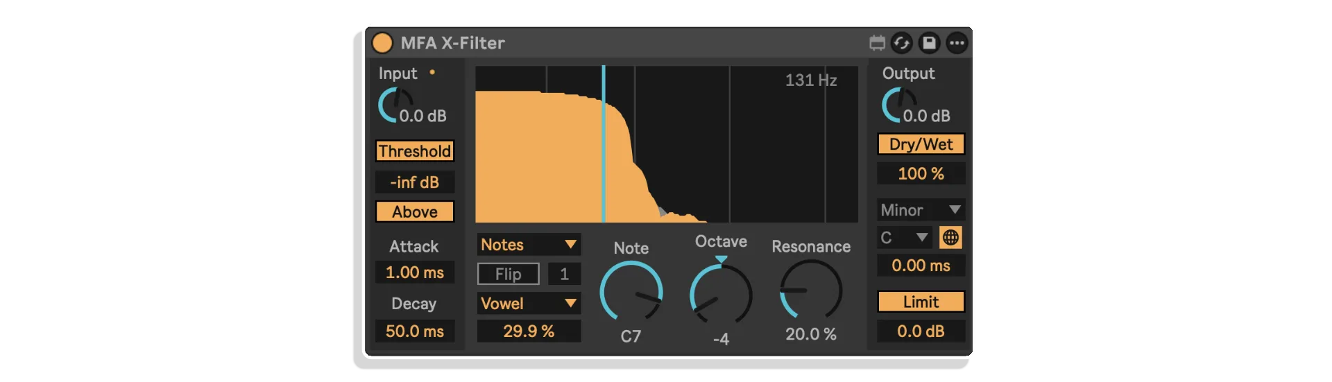 Audio filter interface with frequency and gain controls.